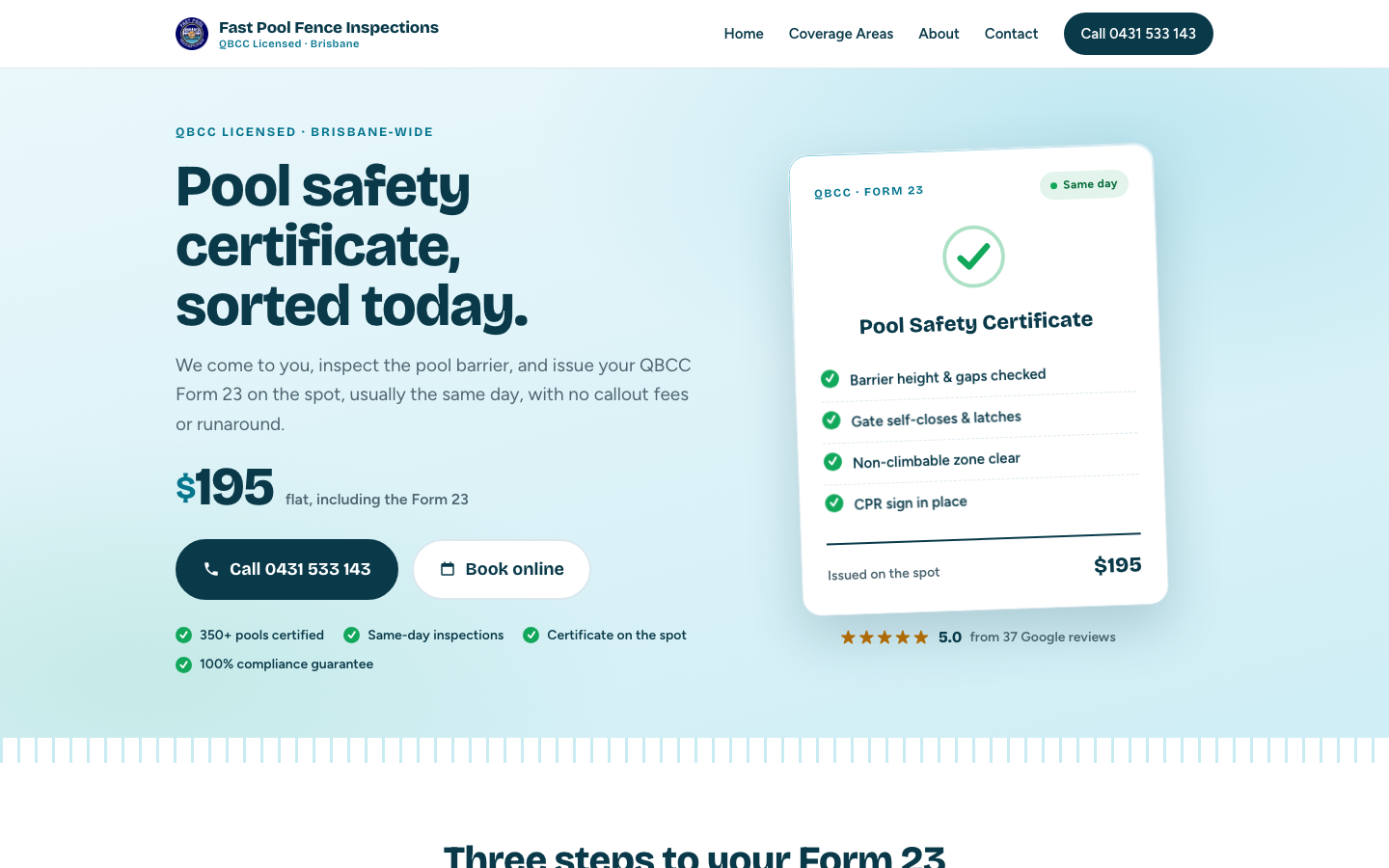 Fast Pool Fence Inspections landing page